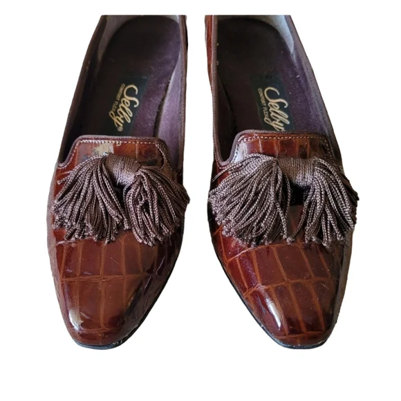 Selby Vintage Brown Leather Croc With Tassles Confort Flex Flats Size 6.5 - Picture 2 of 11